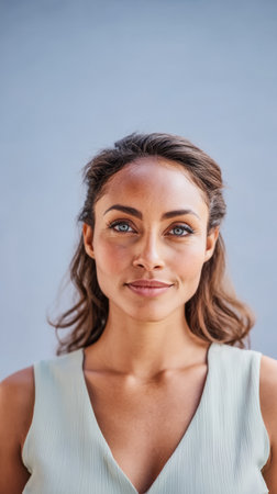 A smiling woman stands in front of a plain background, her hair styled and wearing a light-colored outfit. Her expression conveys warmth and confidence.の素材
