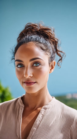 A young woman stands outside, showcasing her curly hair and bright blue eyes. She is wearing a light, textured top and smiles gently, enjoying the sunny day.の素材
