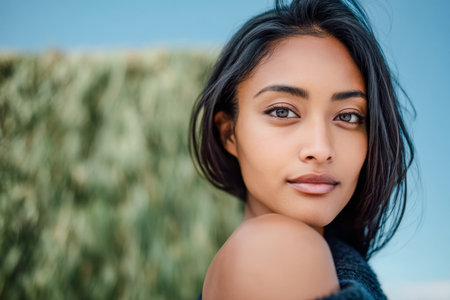 A confident woman with long, dark hair gazes over her shoulder in a bright outdoor setting. Natural light highlights her features, creating a warm atmosphere.の素材