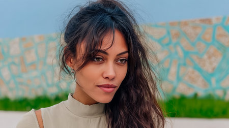 A woman with long, wavy hair stands outside, showing a thoughtful expression. She is dressed casually and enjoys the warm sunlight in a beautiful setting.の素材