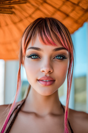 Under a thatched umbrella, a young woman with pink-tipped hair smiles brightly. The sun highlights her blue eyes, capturing the essence of a summer day by the beach.の素材
