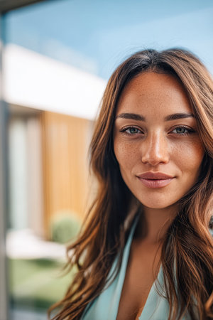 A young woman with long, wavy hair stands outdoors in a modern space, smiling softly. Bright sunlight enhances her fresh complexion as she enjoys the day.の素材