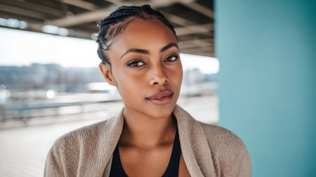 A young woman stands outdoors with braided hair, wearing a casual outfit. She is in a modern urban setting, smiling gently while leaning against a bright blue wall.の素材