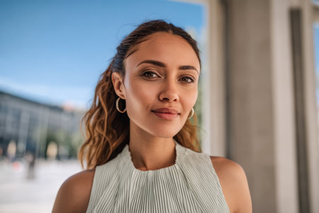 A woman with wavy hair and a light blouse stands with a smile in an urban area. The background features buildings and a sunny sky, creating a lively atmosphere.の素材