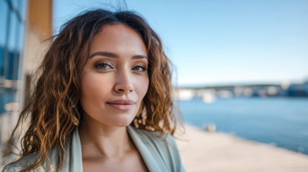 A young woman with curly brown hair poses near the water, smiling lightly. The sunny day highlights the cityscape in the background, creating a warm atmosphere.の素材