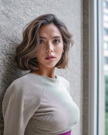 A woman with short, wavy hair poses confidently while leaning against a smooth stone wall. Natural light filters through the nearby window, highlighting her features.の素材