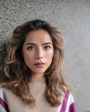 A woman stands against a textured wall with soft, natural lighting. Her wavy hair frames her face as she looks confidently at the camera, showcasing her clear skin and elegant attire.の素材