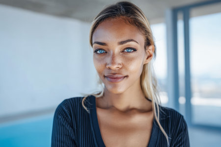 A young woman with striking blue eyes stands indoors, smiling gently. Sunlight filters through large windows, highlighting her features near a serene pool environment.の素材