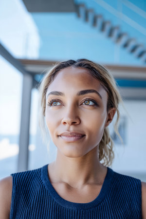 A young woman stands with a calm expression, looking into the distance. She is indoors with modern architecture and blue accents around her, suggesting a serene atmosphere.の素材