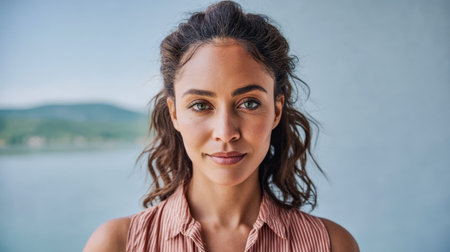 A young woman stands with a relaxed expression, her wavy hair framing her face. The background shows a calm body of water and distant hills under a clear blue sky, creating a peaceful atmosphere.の素材