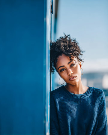 A young woman stands relaxed against a bright blue wall. She has curly hair and hoop earrings, with a calm expression and sunlight illuminating her features.の素材
