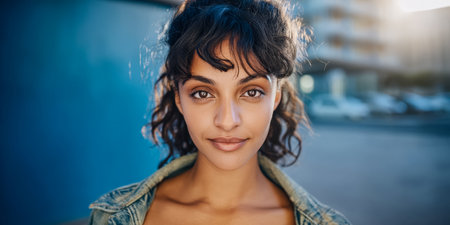 A young woman with curly hair stands in an urban setting during the golden hour. Sunlight highlights her features as she smiles warmly, radiating confidence and joy.の素材