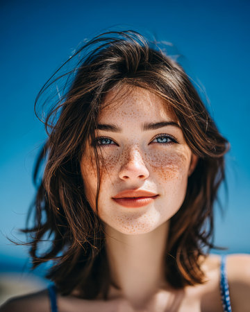 A young woman with freckled skin is smiling at the camera while standing outdoors. Bright sunlight illuminates her face against a stunning blue sky, creating a joyful atmosphere.の素材