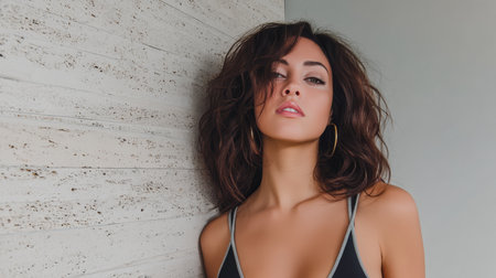 A confident woman leans lightly against a textured wall, wearing a casual yet stylish outfit. Her curly hair frames her face, giving her a fashionable and relaxed look in natural light.の素材