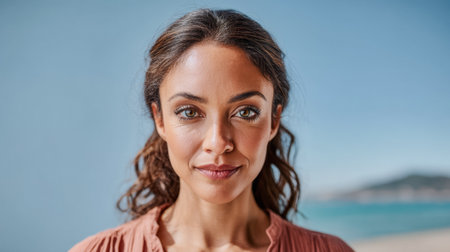 A woman stands on a beach, her wavy hair softly framing her face. She looks confidently at the camera with a serene ocean backdrop under a clear blue sky.の素材