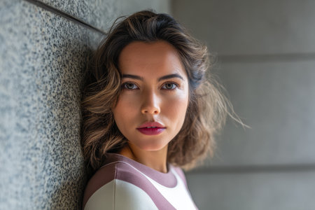 A young woman stands against a textured stone wall, her hair softly tousled. She looks directly at the camera with a confident expression, wearing a stylish outfit.の素材