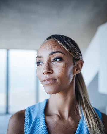 A woman with long hair looks thoughtfully, showcasing her freckles. She stands inside a modern building, with large windows letting in natural light.の素材