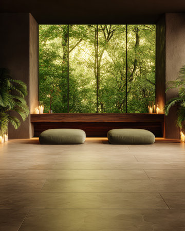 Soft light fills a modern relaxation area, featuring two comfortable cushions. Large windows reveal a peaceful forest, enhancing the tranquil atmosphere and inviting calmness.の素材