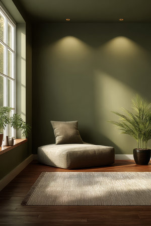 A comfortable seating area features a soft cushion and decorative plants, creating a peaceful ambiance. Natural light streams in through the window, adding warmth to the setting.の素材