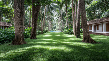 A serene pathway surrounded by tall palm trees and vibrant greenery guides the view toward a peaceful water body at a tropical resort. Natural beauty enhances the tranquil atmosphere.の素材