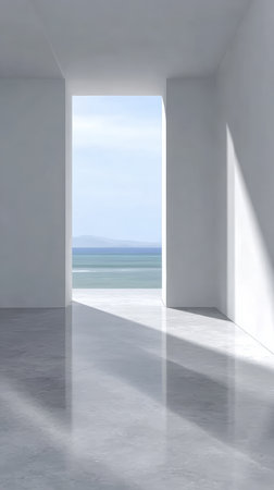 A spacious, minimalistic room features large openings that frame a stunning view of the ocean. Natural light floods in, creating a peaceful and calm environment.の素材