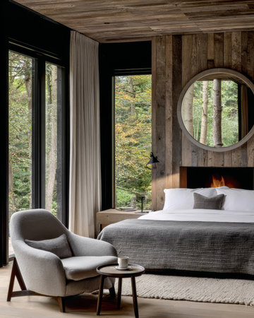 This spacious bedroom features wooden walls and floors, a comfortable bed with minimalist decor, and large windows providing a view of lush greenery.の素材