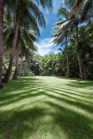 A tranquil scene shows tall palm trees casting shadows on a vibrant green lawn under a bright blue sky. This peaceful location is perfect for relaxation and enjoyment of nature.の素材