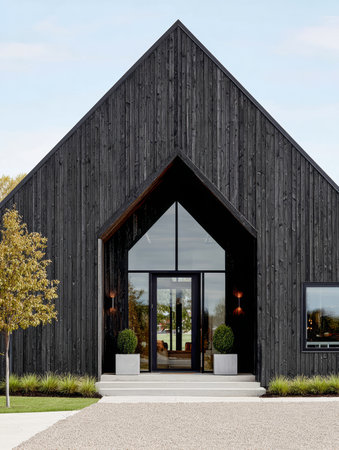 A striking modern house features dark wooden siding and a tall triangular roof. The large glass entrance is framed by greenery and decorative shrubs. A clear sky adds to the ambiance.の素材