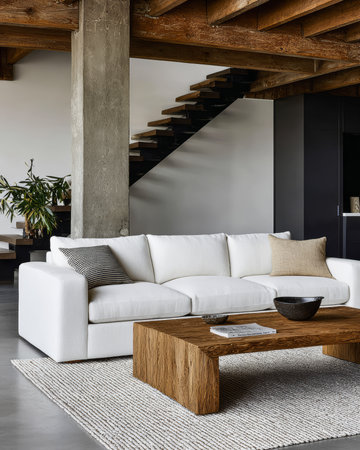 Bright living room features a large white sofa paired with a wooden coffee table. Natural light fills the area from large windows, creating a warm, inviting atmosphere with modern decor.の素材