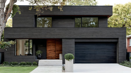A modern house features a striking black exterior and large windows. The front includes a wooden door, a small planter, and neatly arranged steps leading to the entrance.の素材
