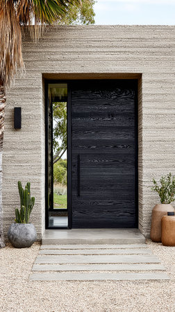 The entrance features a stylish black door set against a textured stone wall. Lush greenery and decorative pots enhance the inviting outdoor space at midday.の素材