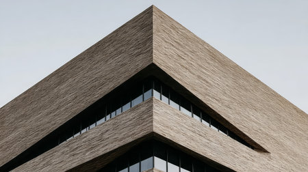 A striking modern building displays a textured exterior and sharp angles against a clear sky. This architectural design highlights innovative construction techniques and urban aesthetics.の素材
