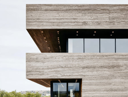 The striking structure, characterized by horizontal layers and expansive glass, reflects modern design principles. Set amidst greenery, it blends nature with architecture, enhancing the landscape.の素材