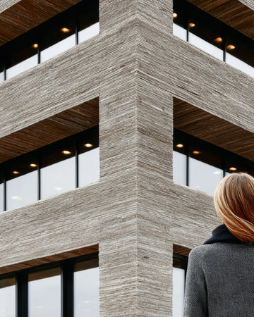 A woman stands gazing at a modern building featuring unique textured walls and large windows. This urban scene highlights contemporary architecture's aesthetic appeal.の素材