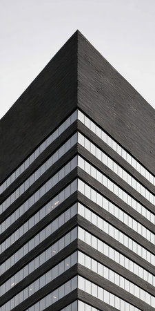 The sleek building features a striking triangular roof and extensive glass facade reflecting the bright sky. Its contemporary design stands out among other structures in the city.の素材