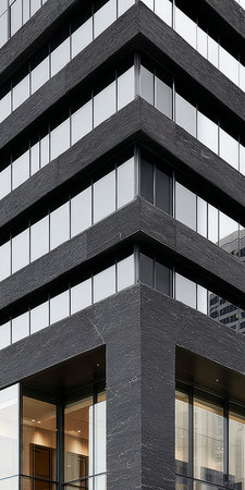 This structure features a striking black exterior with large glass windows. The design emphasizes sharp angles and modern architecture, set against a clear blue sky.の素材