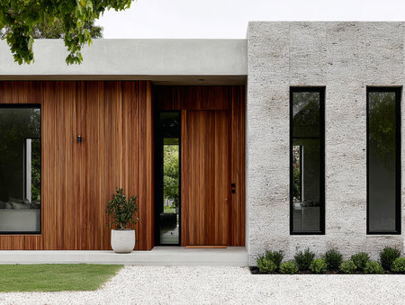 A contemporary house showcases a blend of wood and stone materials. The entrance is welcoming with a sleek door and greenery, surrounded by a neat outdoor area.の素材