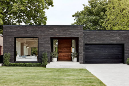 This contemporary house showcases sleek architecture with large windows, a wooden front door, and manicured lawns. The greenery enhances its modern appeal in a serene neighborhood setting.の素材