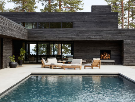 Stylish wooden house features a sleek design with large windows, a tranquil pool area, and comfortable outdoor seating perfect for relaxation in nature.の素材
