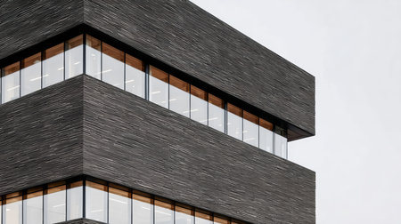 This striking architectural design features a textured exterior and expansive glass windows. Located in an urban area, it showcases a blend of modern aesthetics and functionality.の素材