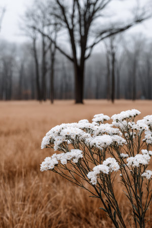 White wildflowers stand out against a foggy backdrop of tall trees and golden grasses. The scene is serene and quiet, capturing the beauty of nature in early morning light.の素材