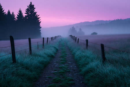 A tranquil pathway stretches through green fields, bordered by a wooden fence and tall trees. Dawn breaks with soft purple and pink hues in the foggy sky.の素材