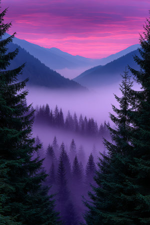 A serene mountain landscape features dense pine trees and a valley shrouded in mist. The sky is illuminated with vibrant purple hues as the sun sets behind the mountains.の素材