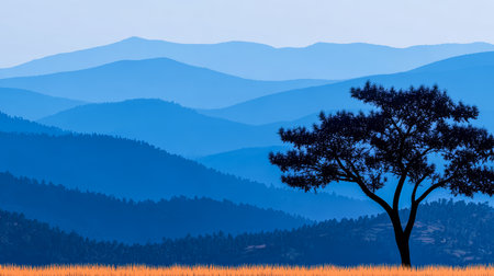 Early morning light reveals a stunning mountain landscape with layered blue hills. A solitary tree stands in the foreground, creating a peaceful and serene atmosphere.の素材