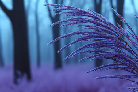 Tall purple grass is highlighted in a foggy forest scene. The surrounding trees create a mysterious atmosphere on this tranquil morning. Nature's beauty captivates the viewer.の素材