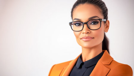 A businesswoman with long hair and elegant glasses poses confidently in an orange blazer. The studio background highlights her professional appearance and facial expression.の素材