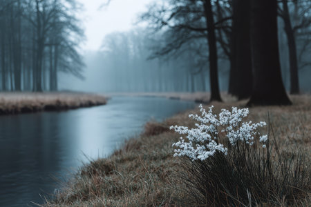 In the early morning light, delicate white flowers grow near a calm river. Tall trees loom in the misty background, creating a serene and peaceful scene.の素材
