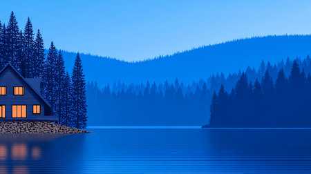 At dusk, a calm blue lake reflects the soft light from a cozy cabin with glowing windows. Surrounding pine trees and distant mountains create a peaceful atmosphere.の素材