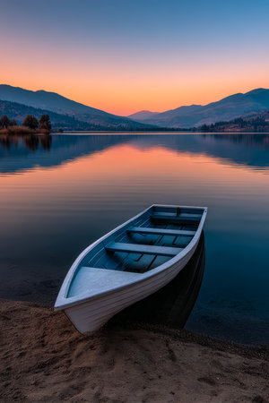 A beautiful sunrise casts a warm glow over the still waters of a lake, where a small boat is anchored on the sandy shore amidst serene mountains in the background.の素材