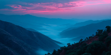 As the sun sets, its vibrant colors fill the sky above mist-covered valleys and rolling hills. The tranquil scene showcases the beauty of nature in the evening light.の素材